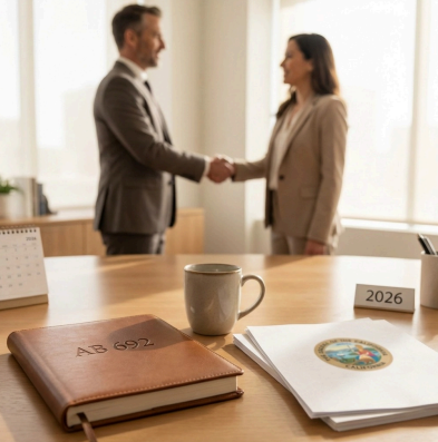 a man and woman shaking hands. In the forefront, a desk with a book and documents