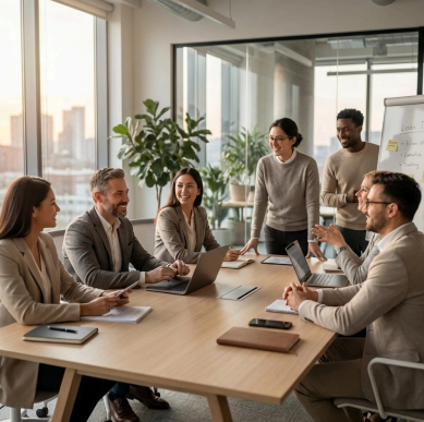 a group of people sitting around a desk and smiling. 