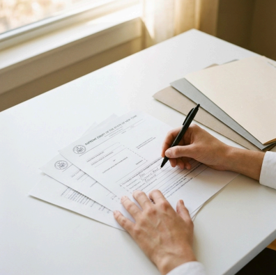 a person's hands signing a document at a desk