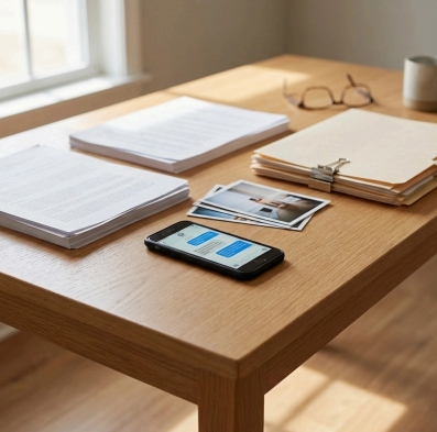 documents, photos, a pair of glasses, and a cell phone on a desk