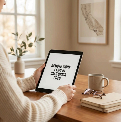 a woman sitting at a desk, holding an ipad that reads 