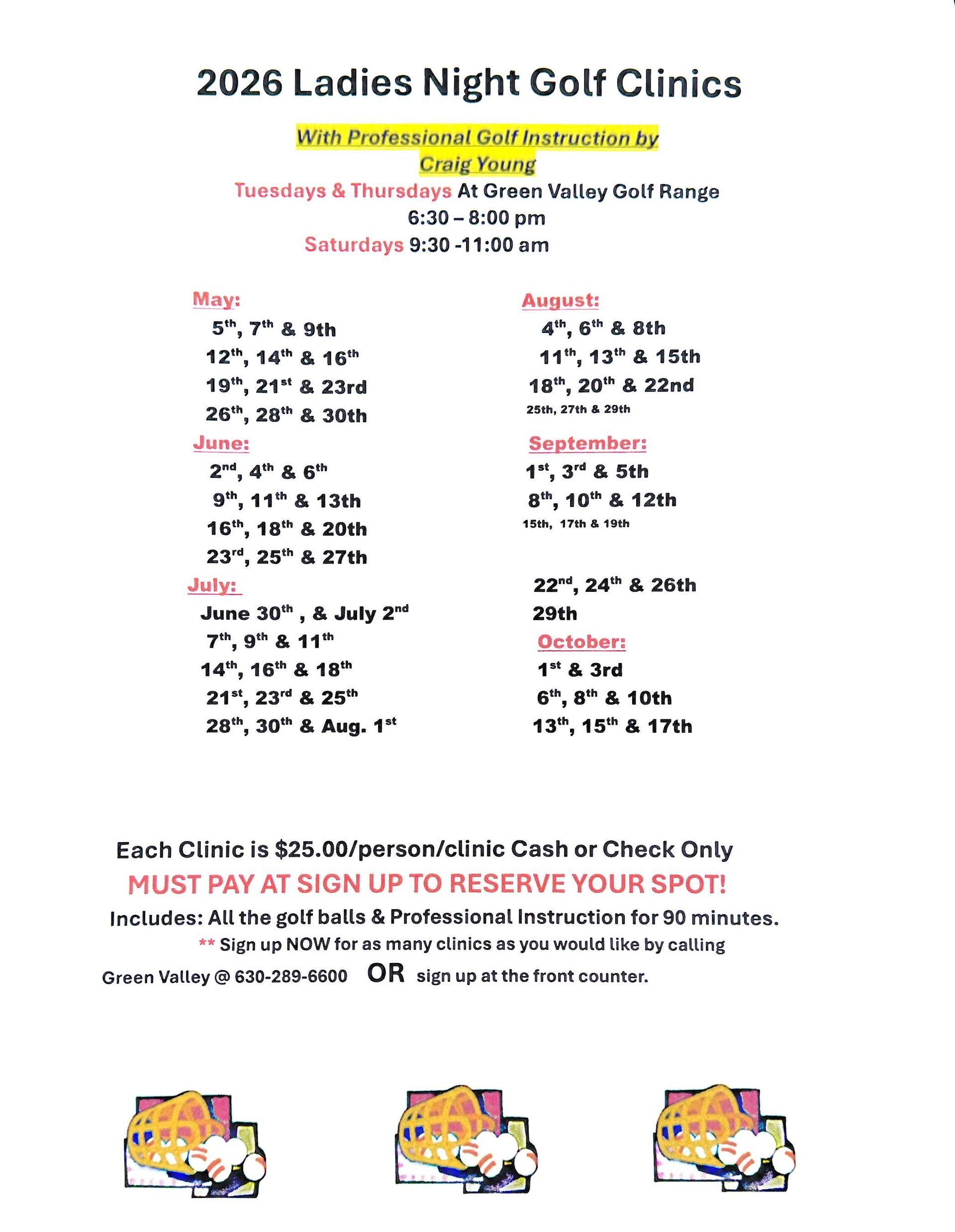 Event flyer for 2026 Ladies Night Golf Clinics at Green Valley Golf Range with instructor Craig Young, Thursdays at 5:30pm.