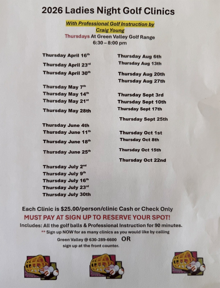 Event flyer for 2026 Ladies Night Golf Clinics at Green Valley Golf Range with instructor Craig Young, Thursdays at 5:30pm.
