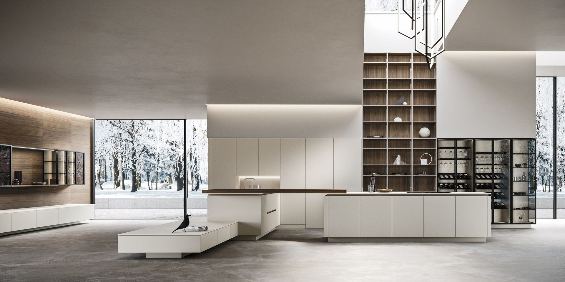 Una cucina moderna con mobili bianchi e una grande isola.