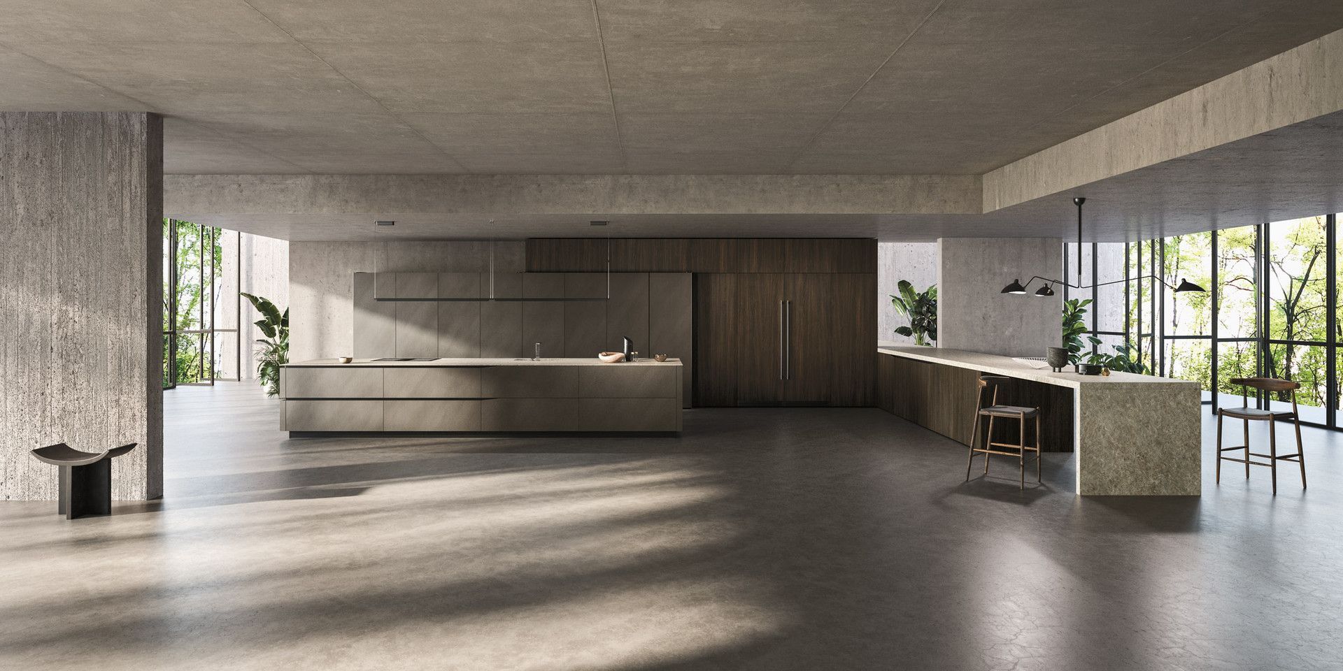 Rappresentazione artistica di una cucina moderna con una grande isola.