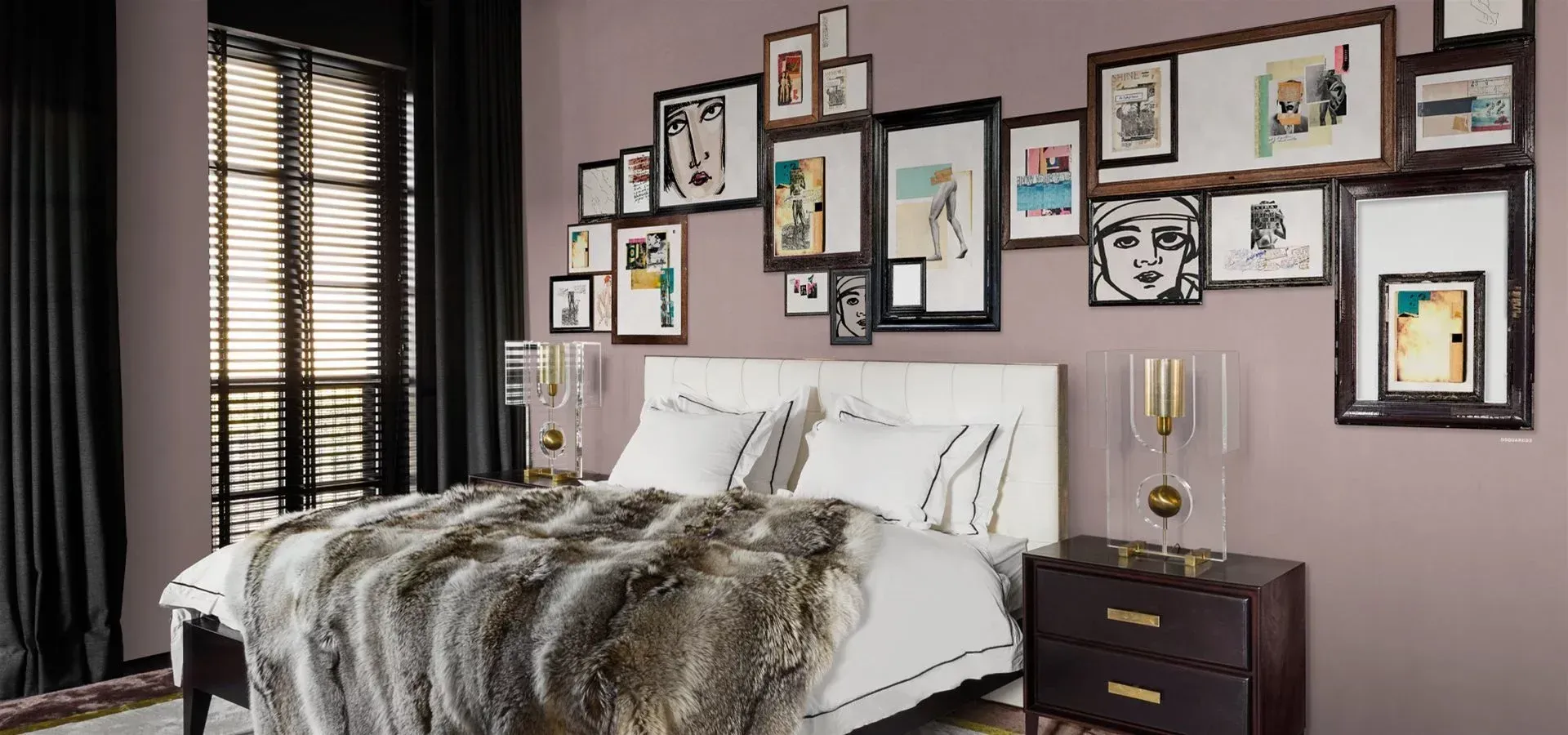 Una camera da letto con un letto, un comodino e tanti quadri alle pareti.
