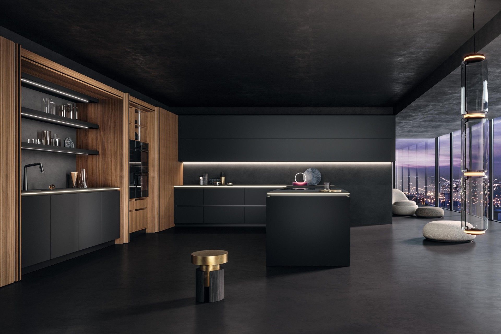 Una cucina moderna con mobili neri e mobili in legno