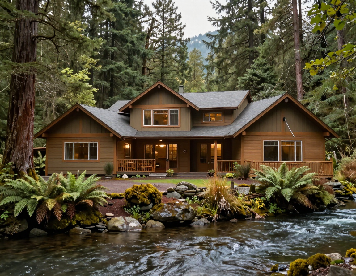 Home exterior near Lyons, Oregon surrounded by North Santiam Valley forest.