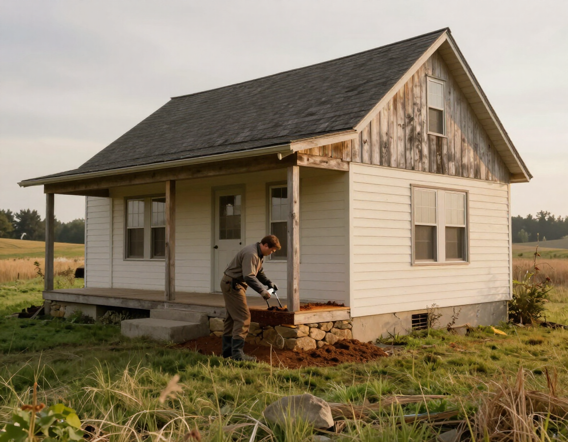 Technician inspecting the foundation of a farmhouse-style home near Tangent, Oregon