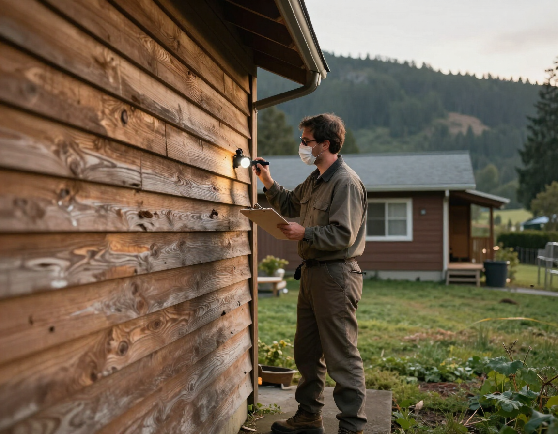 Pest control technician inspecting a Sweet Home, Oregon foothill home exterior.