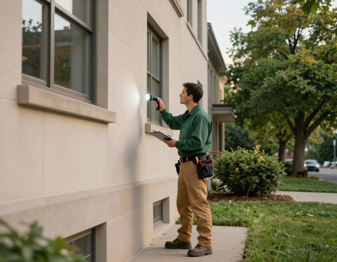 Pest control technician inspecting a public facility exterior in the Willamette Valley, Oregon