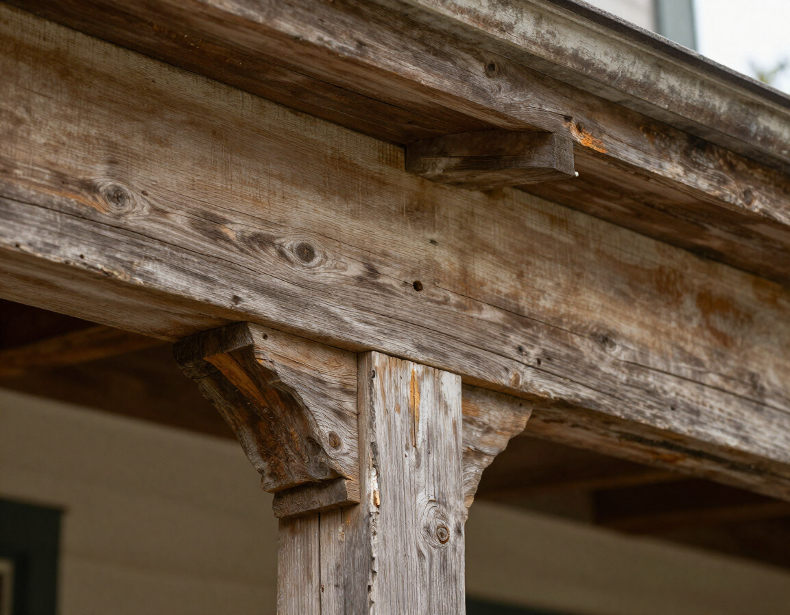 Weathered wood porch beam on an older timber-frame Oregon home