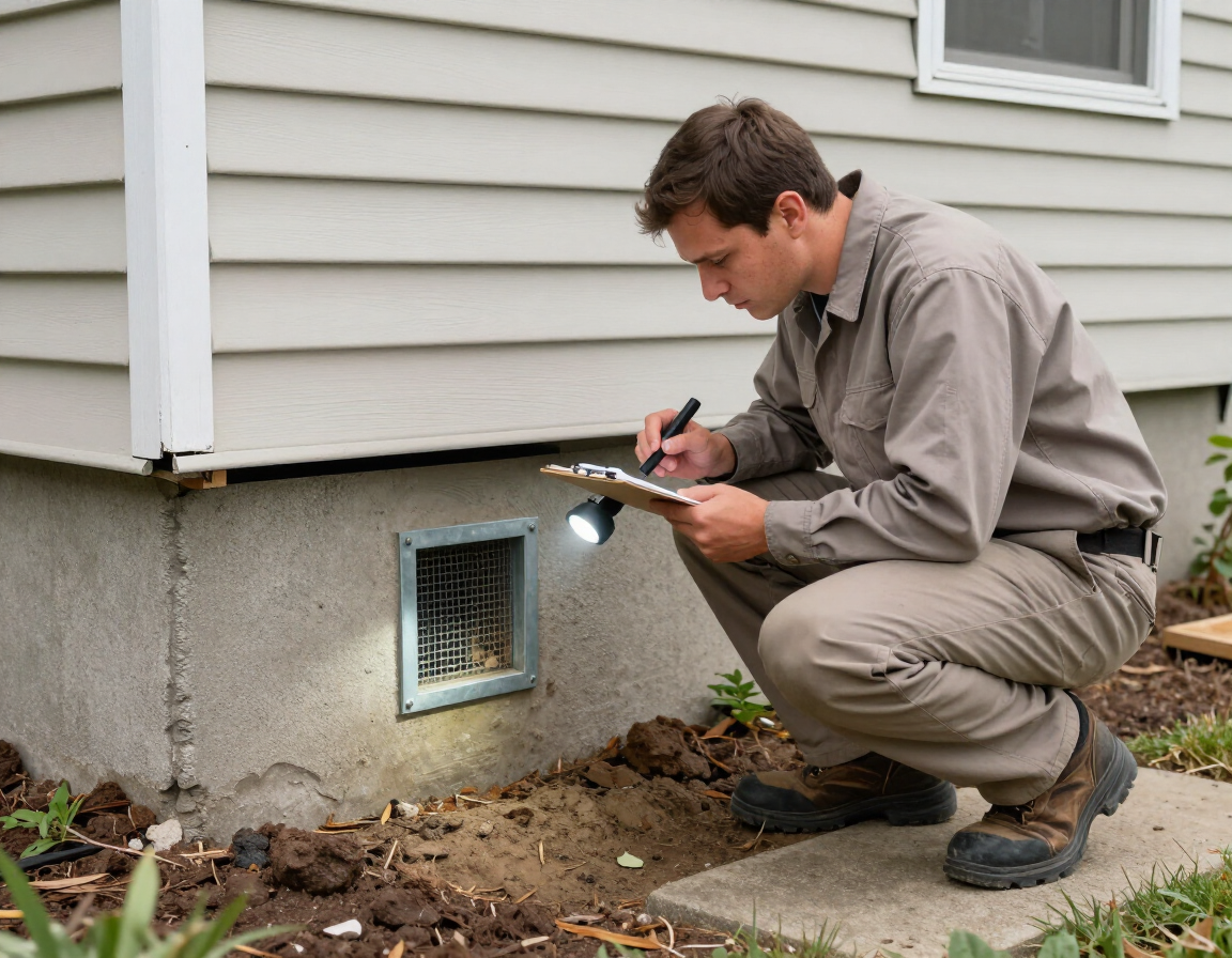 Technician examining a home's foundation and crawlspace vent
