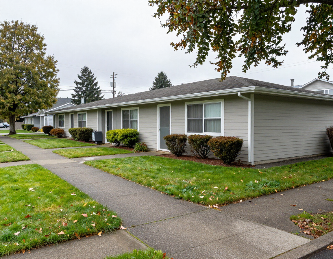 Walkway of a small multi-unit rental property in an Oregon neighborhood