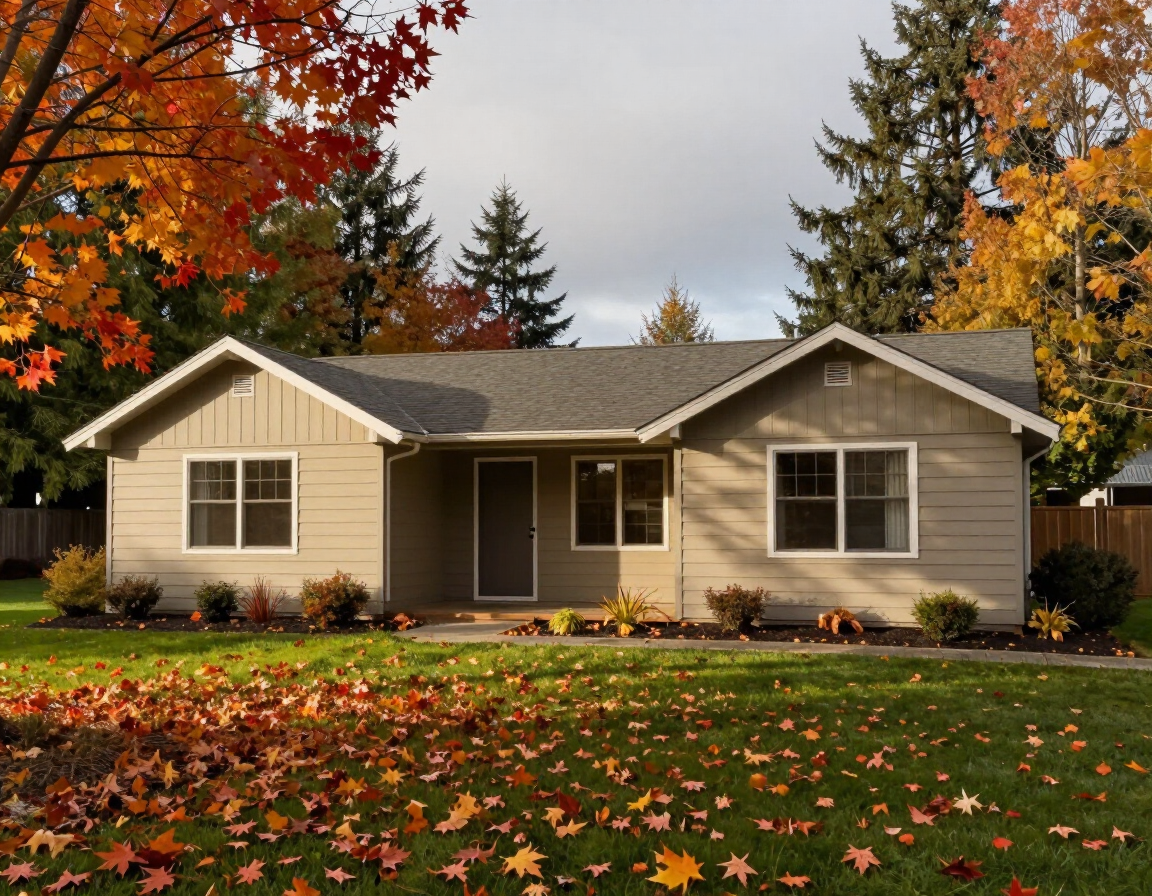 Oregon ranch home exterior in autumn with leaves near the foundation