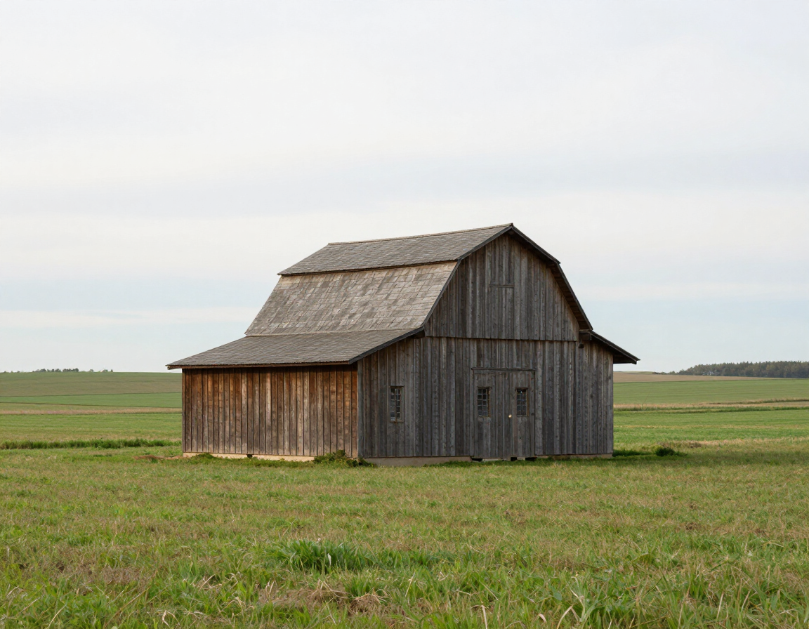 Wooden farm outbuilding with green farmland under overcast sky