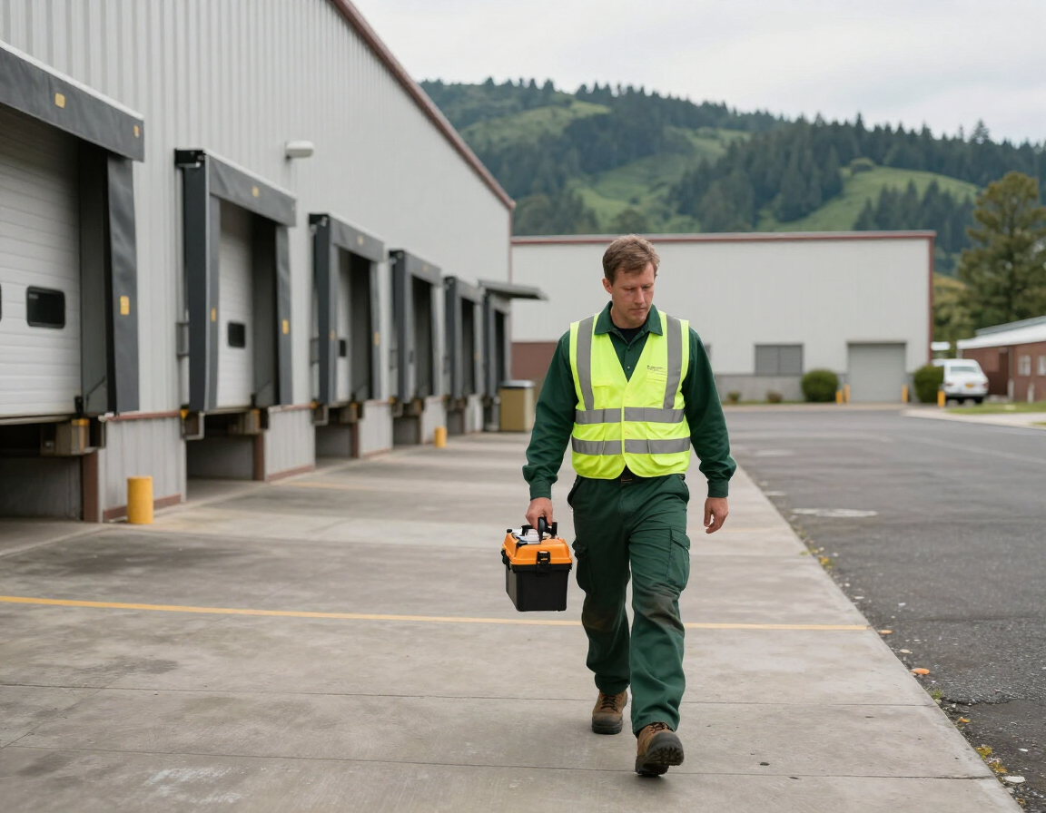 Pest control technician inspecting an industrial warehouse exterior in the Willamette Valley, Oregon