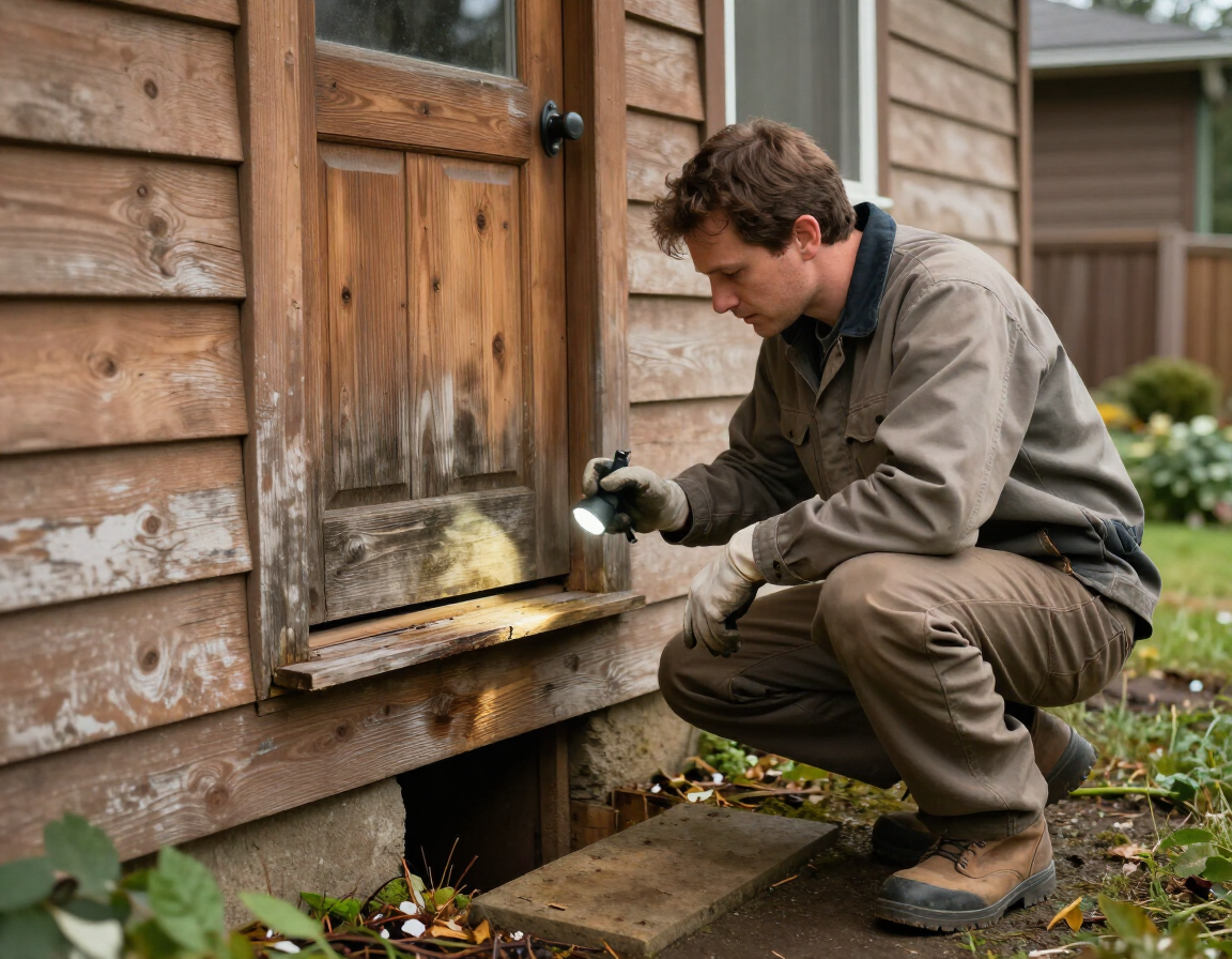 Technician inspecting wood siding for termite damage near Lebanon, Oregon home