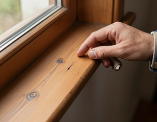 Close-up of a wood sill being inspected