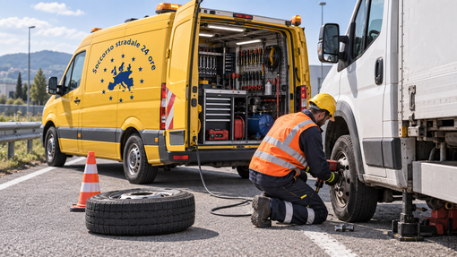Un operaio del carro attrezzi cambia una gomma a un camion bianco accanto a un furgone di servizio giallo sul ciglio della strada.
