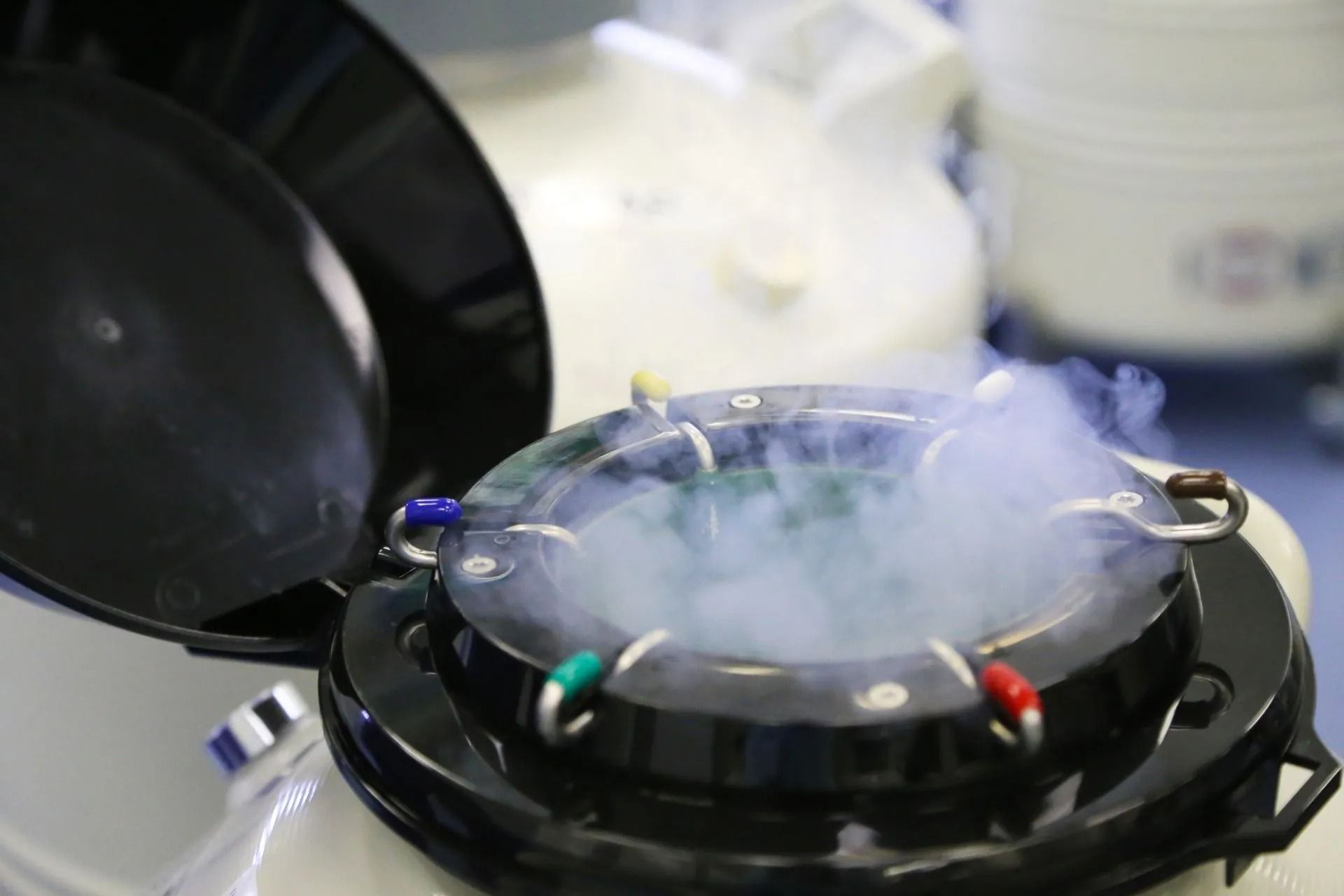 Hand placing a blue lid on a clear laboratory container with a dark blue cooler in the background