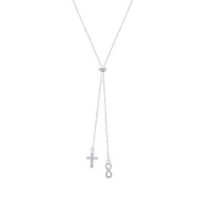 Collar de plata con colgante de cruz y símbolo de infinito.