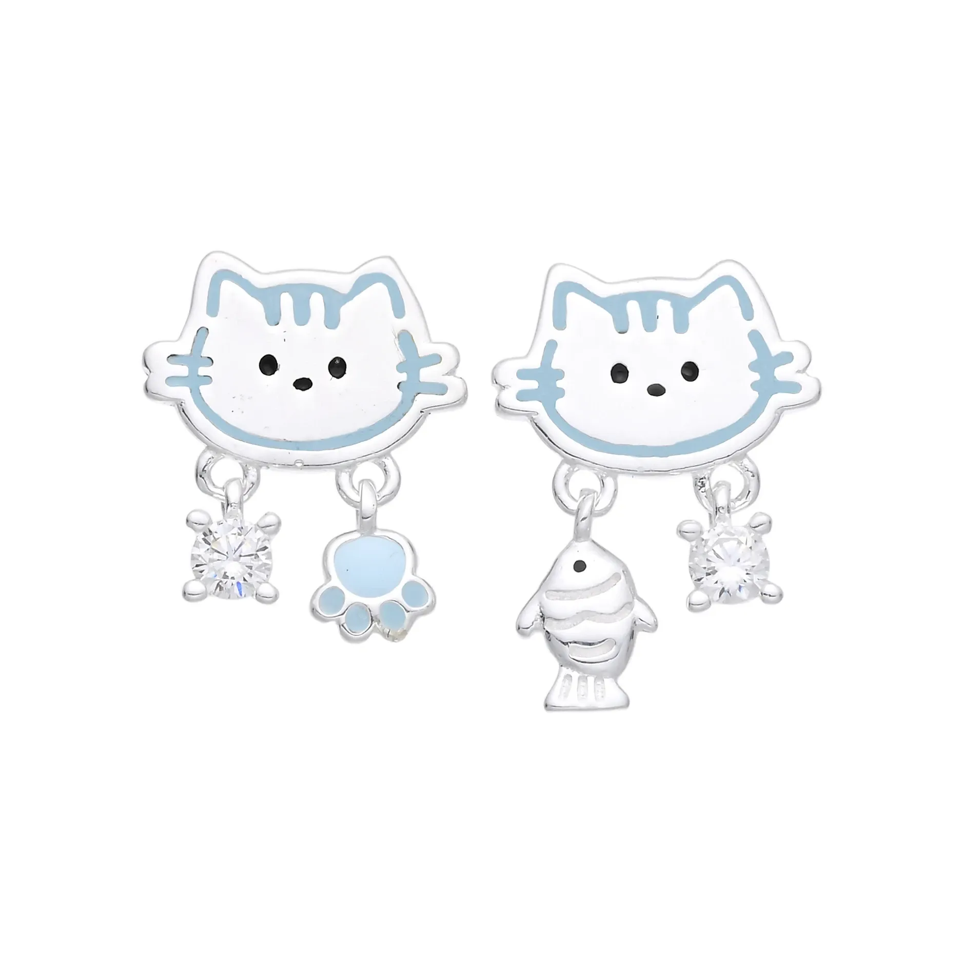 Pendientes de gato de plata con pata colgante, pez y cristales.