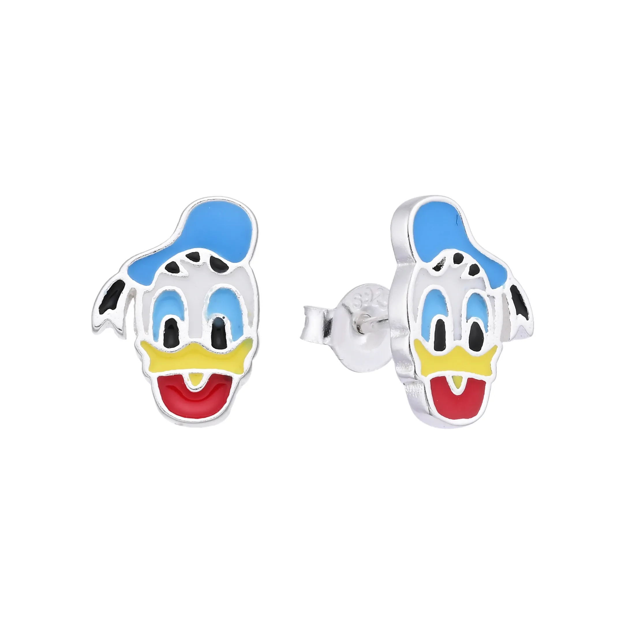 Pendientes de plata del Pato Donald con detalles de esmalte azul, blanco, amarillo y rojo.