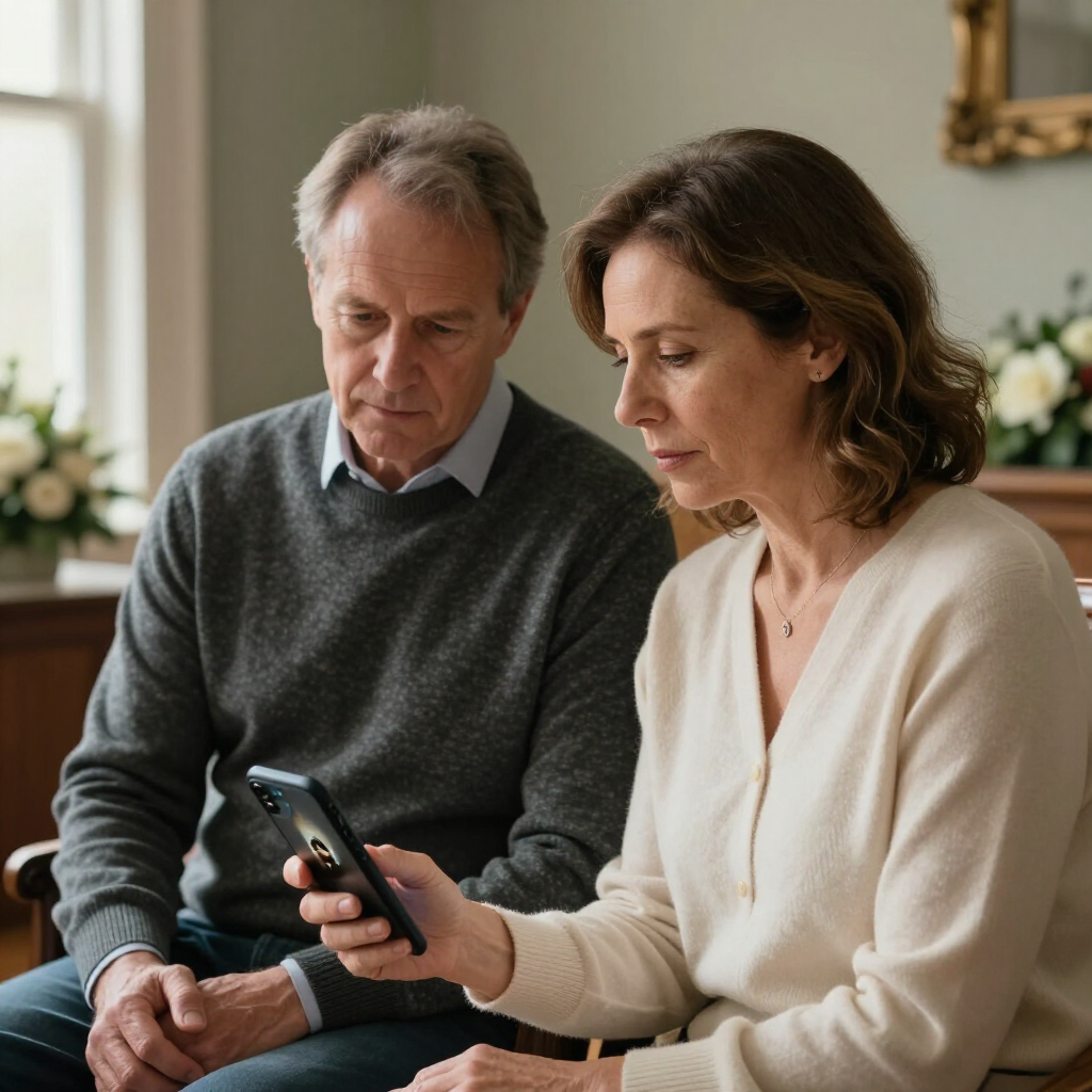 Man and woman watching livestreamed funeral on cell phone