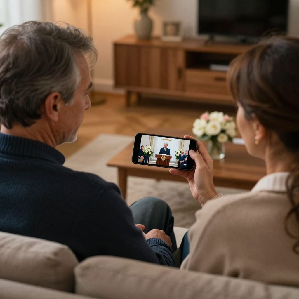 Man and woman watching livestreamed funeral home cell phone