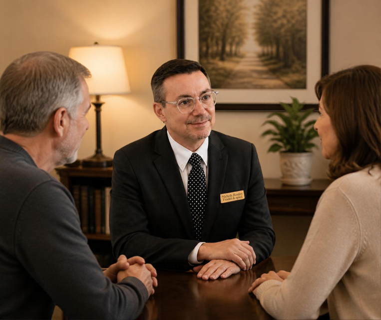 man talking with 2 women