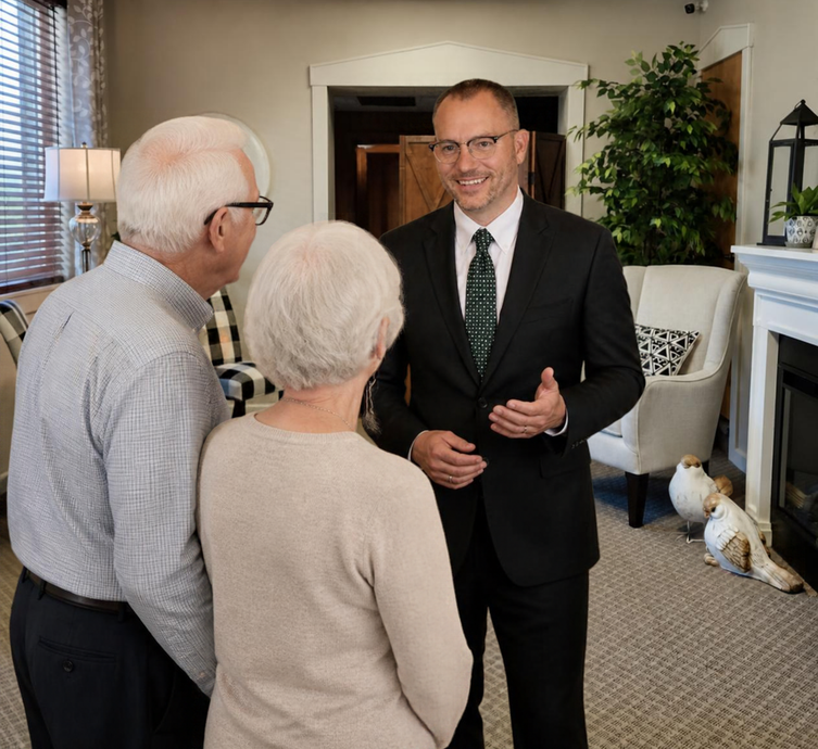 man talking with elderly woman