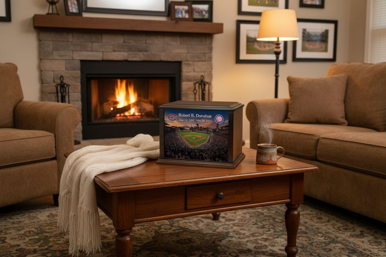Cremation urn on table in living room setting