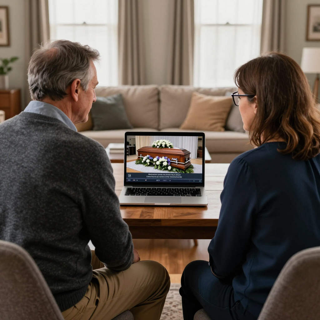 Man and woman watching livestreamed funeral on laptop computer