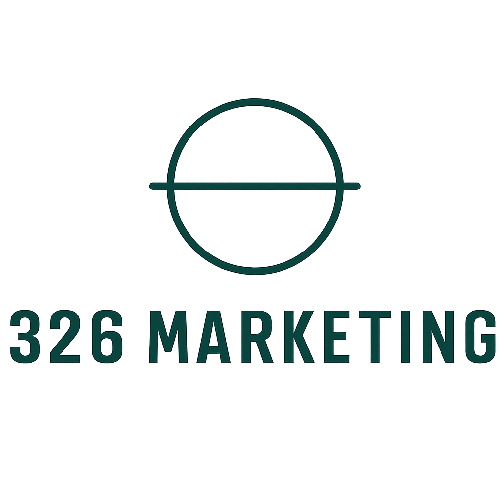Logo for 326 Marketing: green circle with a horizontal line, below, green text 