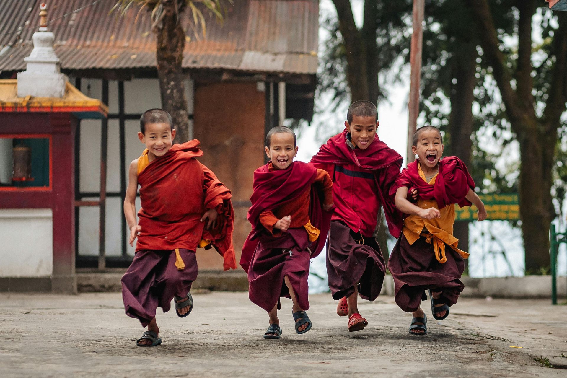 Four young Buddhist monks in maroon robes run and laugh outdoors.