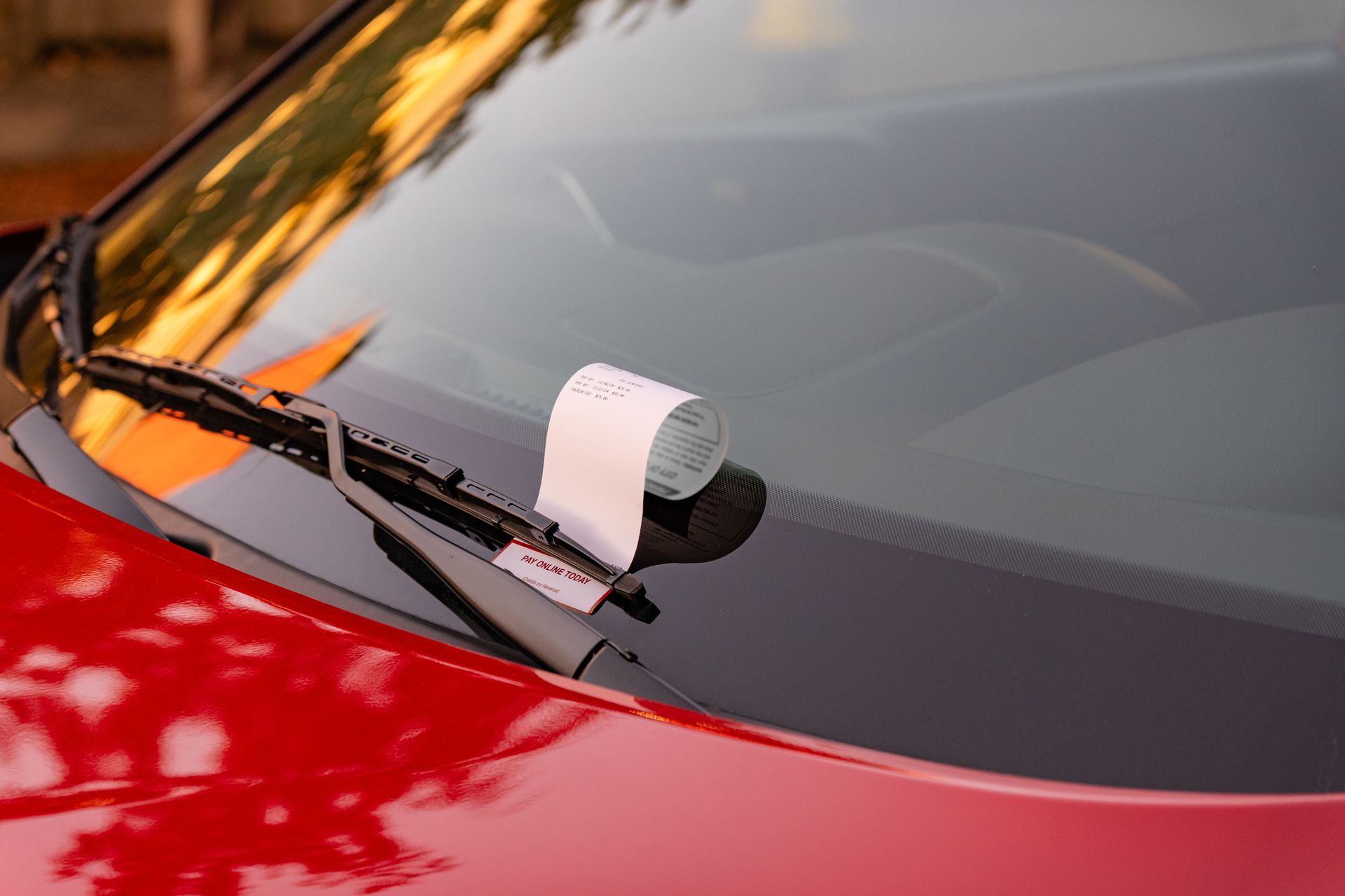 Close-up of a parking ticket tucked under the windshield wiper of a red car.