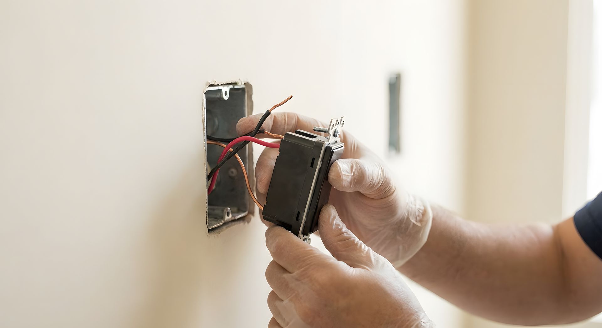 Gloved hands wiring a black electrical outlet, joining red and black wires inside an open wall box.