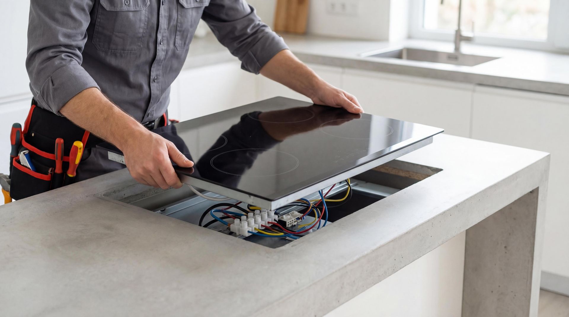 Person installing a black TV screen on a table, with exposed wires visible underneath.