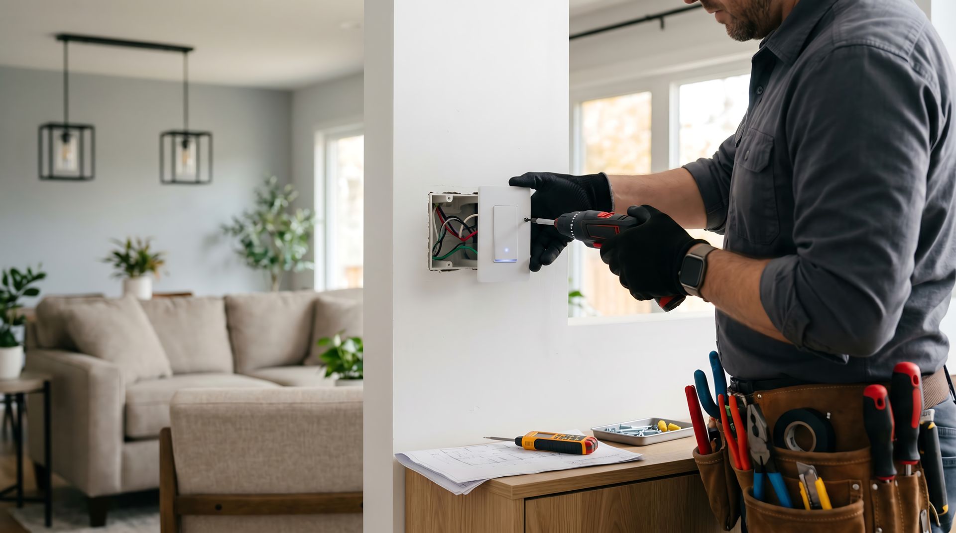 Gloved electrician installing a wall control panel using a cordless driver beside a full tool belt.