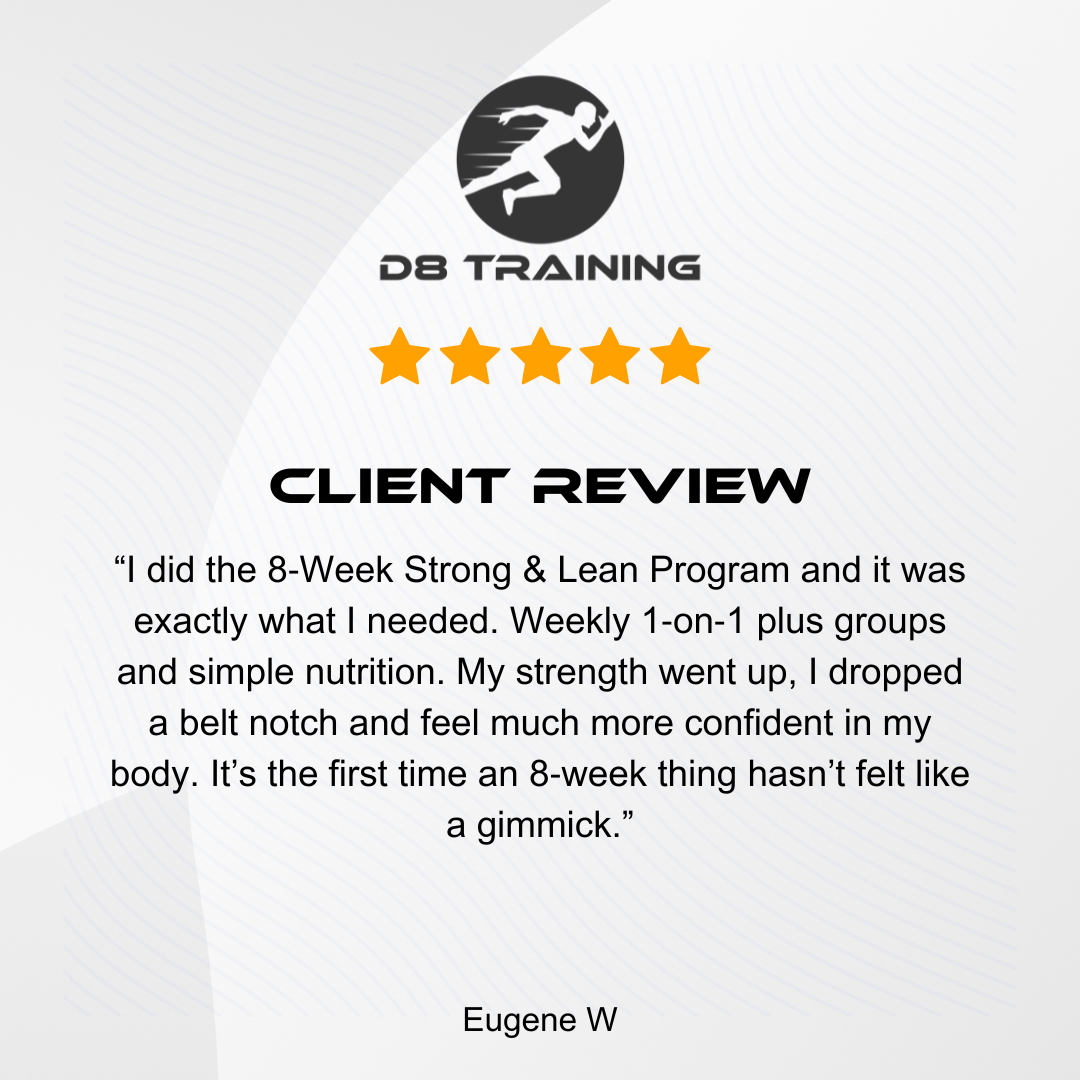 Client review for DB Training: 5-star rating, testimonial about the 8-Week Strong & Lean Program, belt notch drop, increased strength and confidence.
