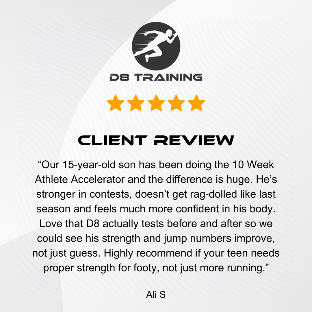 Client review for DB Training: 5-star rating with text stating their son's improvement after doing the 10 Week Athlete Accelerator.