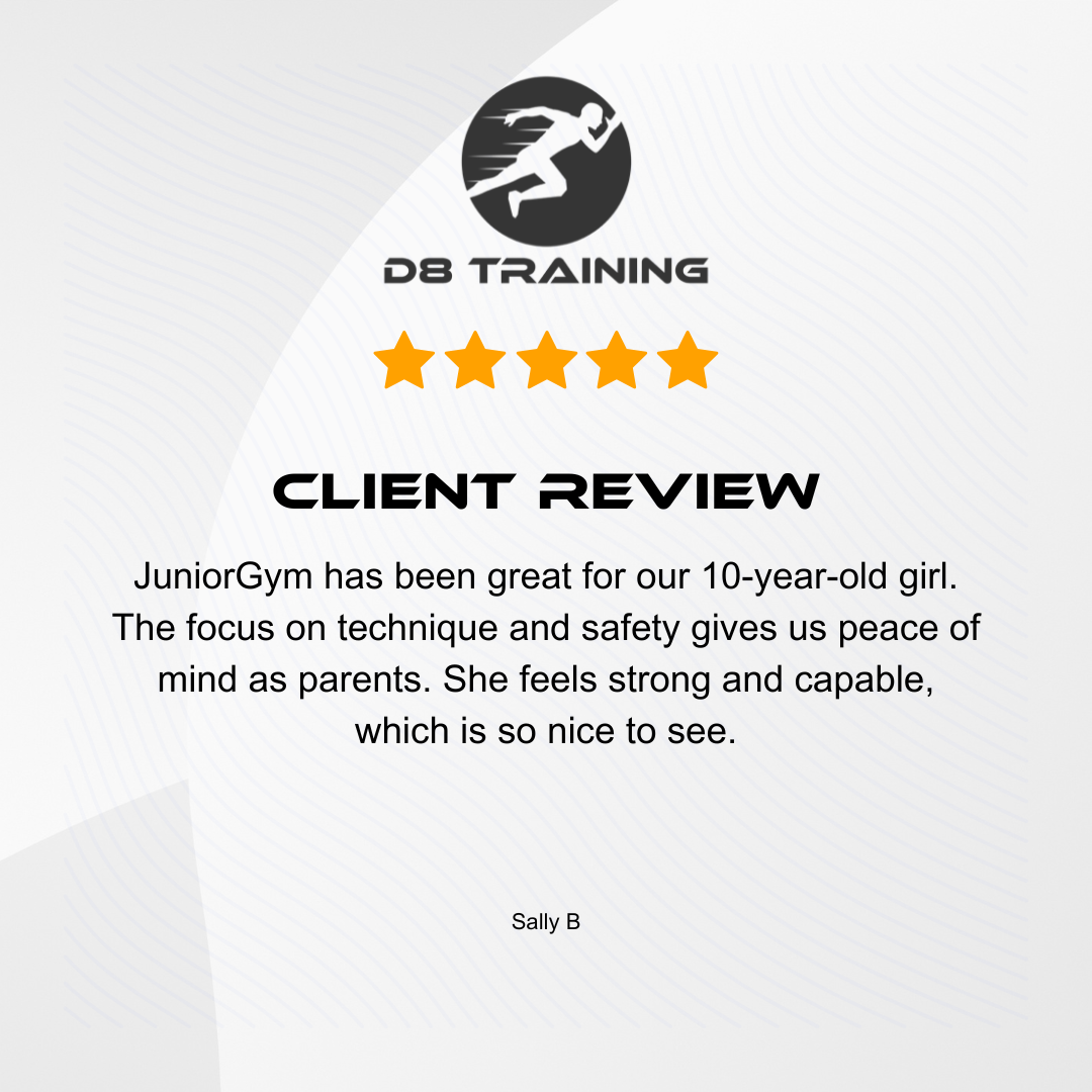DB Training client review with 5-star rating and testimonial text on a light gray background