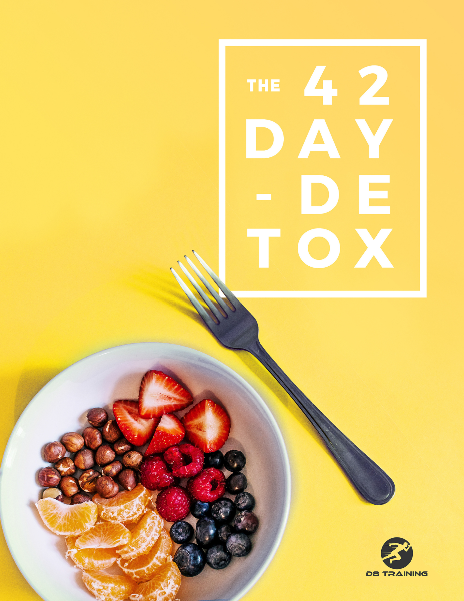 Yellow detox poster with a fruit bowl, fork, and the text “42 Day Detox”