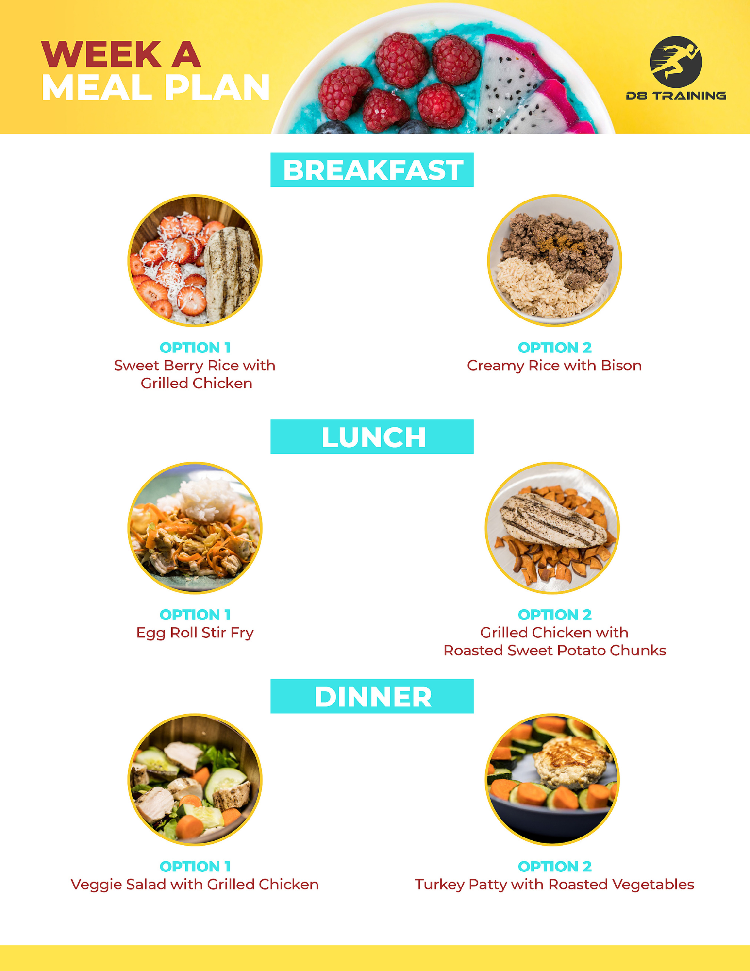 Yellow detox poster with a fruit bowl, fork, and the text “42 Day Detox”