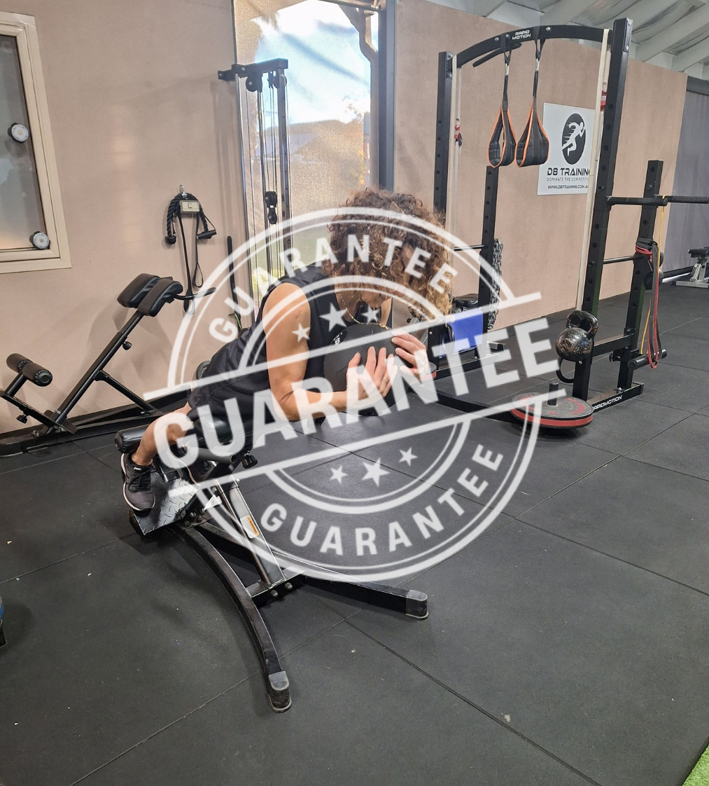 Gym floor with black cable machines and a large “GUARANTEE” watermark over the center.