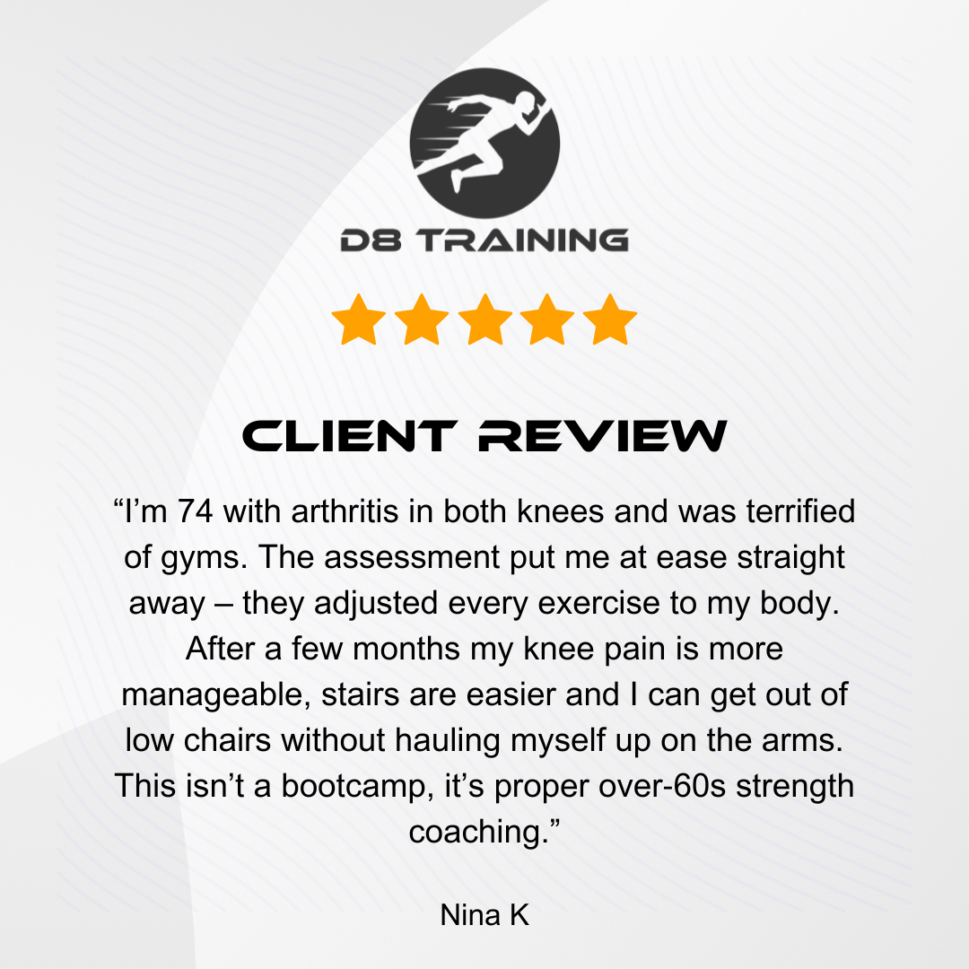 DB Training client review with five gold stars and a testimonial quote about mobility and pain relief