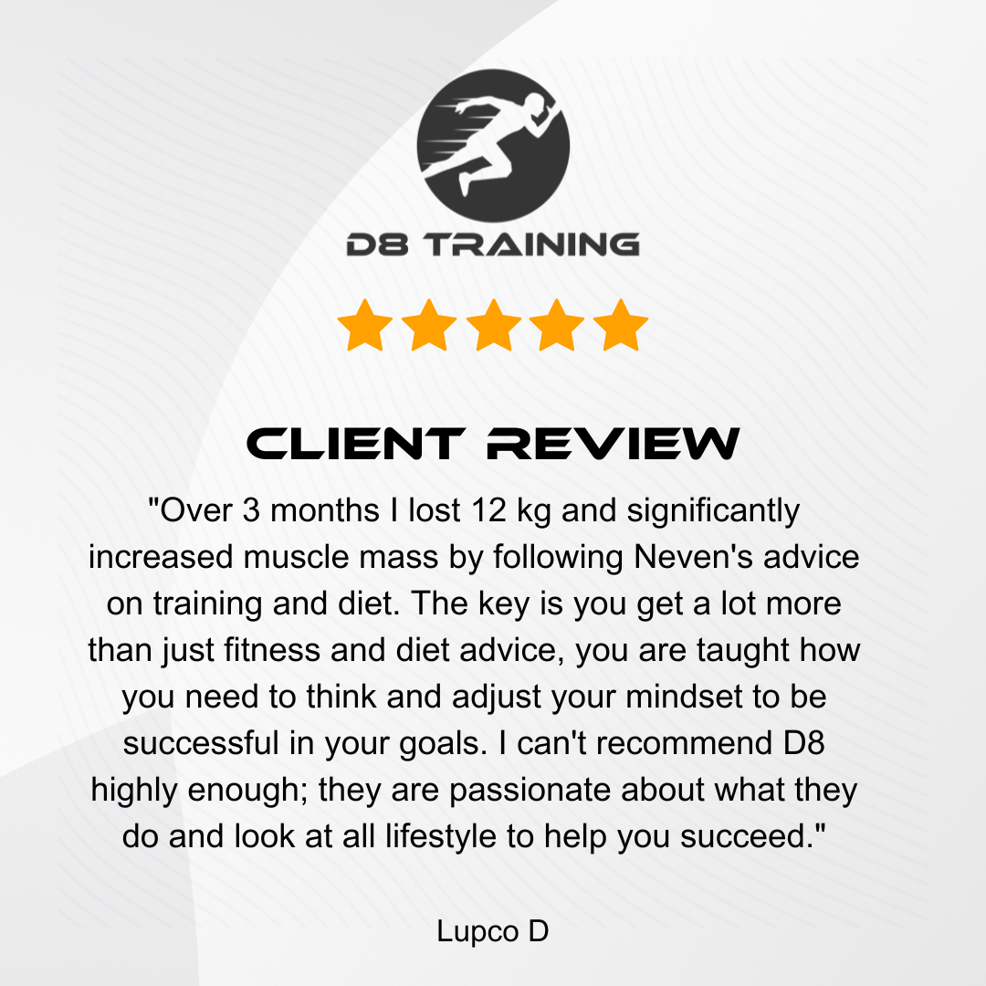 DB Training client review quote with five stars and testimonial text about muscle gain and advice
