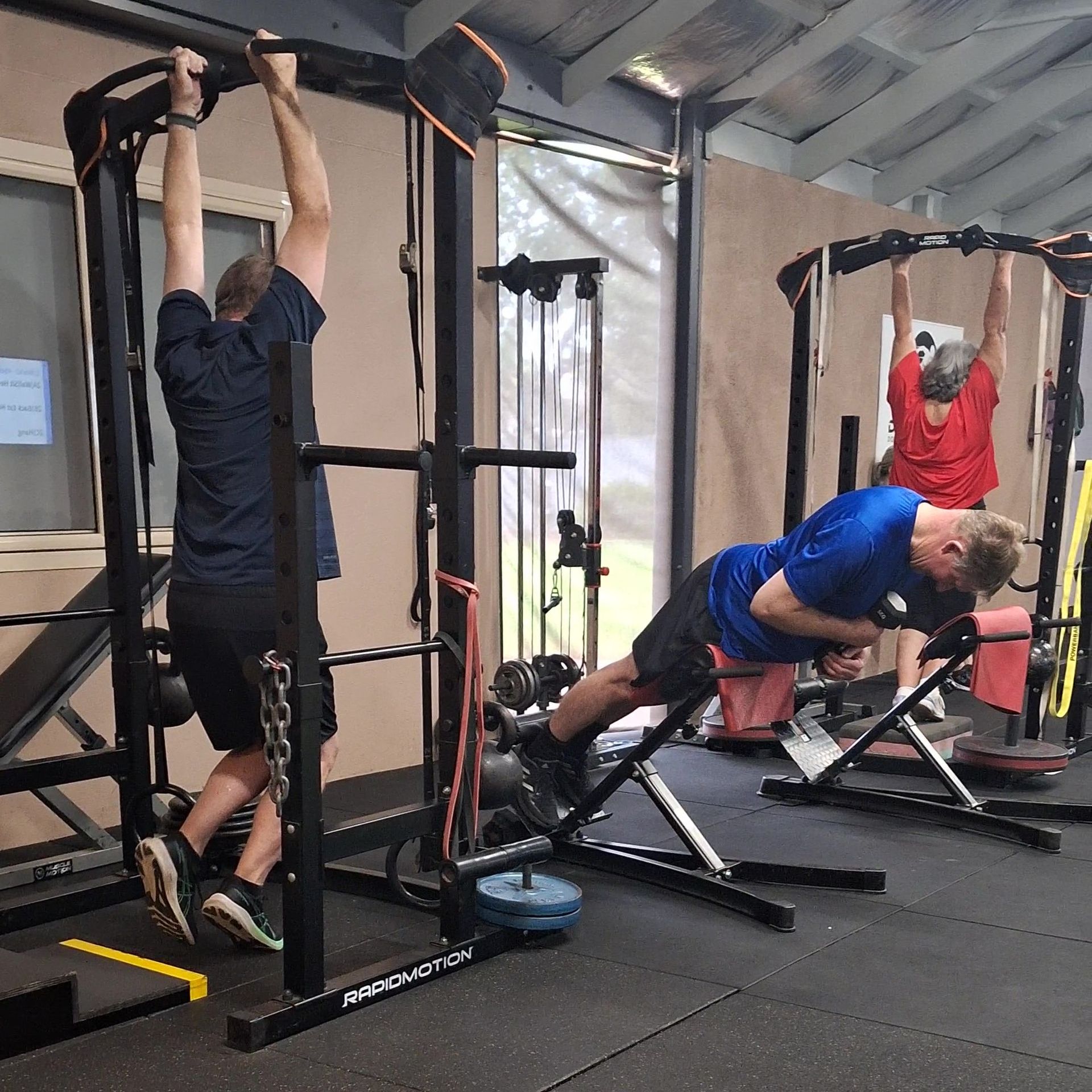 People exercising on pull-up and support machines in a gym, including one doing a decline plank.