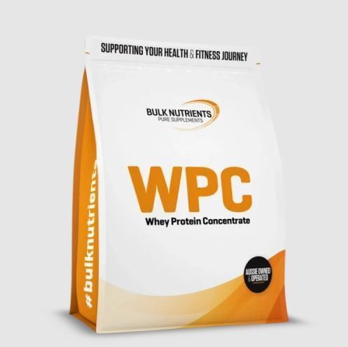 White and orange WPC whey protein concentrate bag with Bulk Nutrients branding.